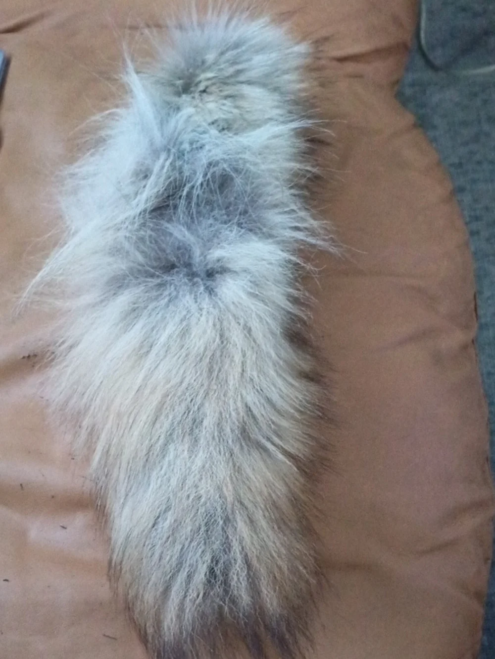 Plush Long Natural Fur Tail Accent - Light Gray & Brown